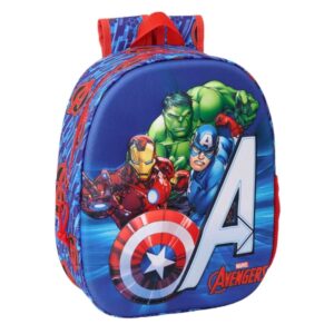 safta avengers mochila 3d de 8.64l portabotellas tarjeta de identificacion personal hombreras acolchadas 27x33x10cm color rojo y azul
