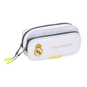 safta real madrid estuche portatodo de 1.3l 2 compartimentos bolsillo lateral cierre con cremallera 21x10.5x6cm color blanco y negro