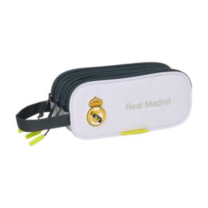 safta real madrid estuche portatodo de 1.25l 3 compartimentos asa de mano cierre de cremallera 21x8.5x7cm color blanco y negro