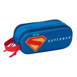 safta superman estuche portatodo 3d 2 compartimentos cierre de cremallera asa de mano 21x8x6cm color rojo y azul