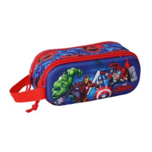 safta avengers estuche portatodo 3d de 1l 2 compartimentos cierre de cremallera asa de mano 21x8x6cm color rojo y azul