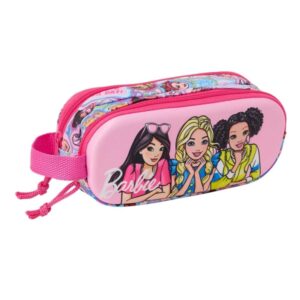 safta barbie estuche portatodo 3d de 1l 2 compartimentos cierre de cremallera asa de mano 21x8x6cm color rosa