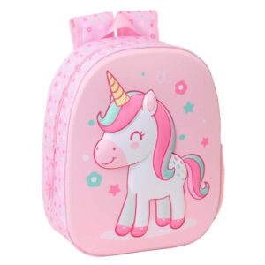 safta unicorn mochila 3d de 8.64l portabotellas tarjeta de identificacion personal hombreras acolchadas 27x33x10cm color rosa pastel