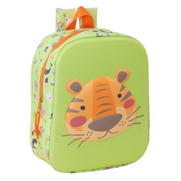 safta tiger mochila guarderia 3d de 6l asa de mano superior asas regulables y acolchadas cierre de cremallera 22x27x10cm color verde claro