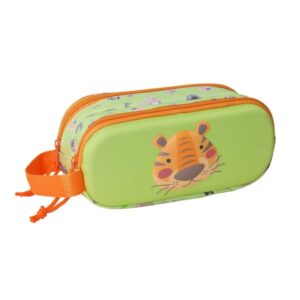 safta tiger estuche portatodo 3d de 1l 2 compartimentos cierre de cremallera asa de mano 21x8x6cm color verde claro