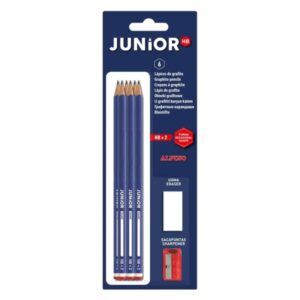alpino junior blister de 6 lapices de grafito hb + sacapunta + goma de borrar espacio para el nombre