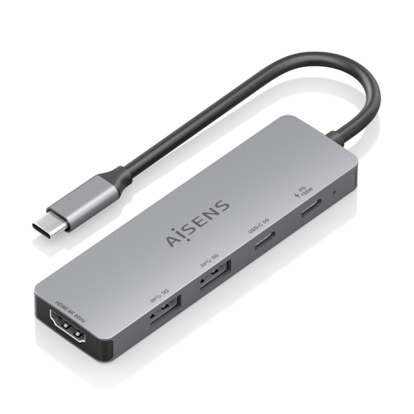 aisens usb c dock 5 en 1 usb c a 1xhdmi 2xusb a 1xusb c 1xusb c pd 100w 15cm color gris
