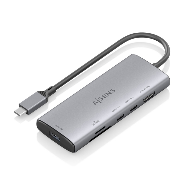 aisens usb c dock 6 en 1 usb c a 1xhdmi 1xusb a 10g 2xusb c 10g 1xsd 1xmicrosd 20cm color gris