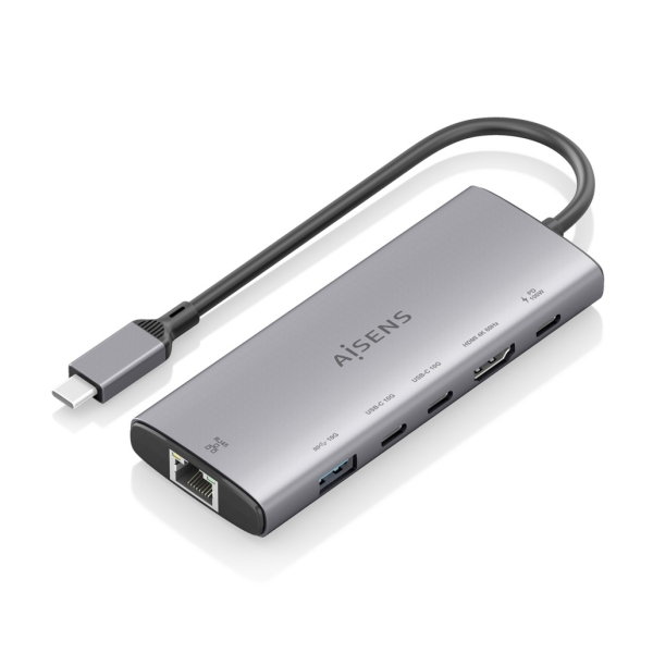 aisens usb c dock 6 en 1 usb c a 1xhdmi 1xrj45 1xusb a 10g 2xusb c 10g 1xusb c pd 100w 20cm color gris