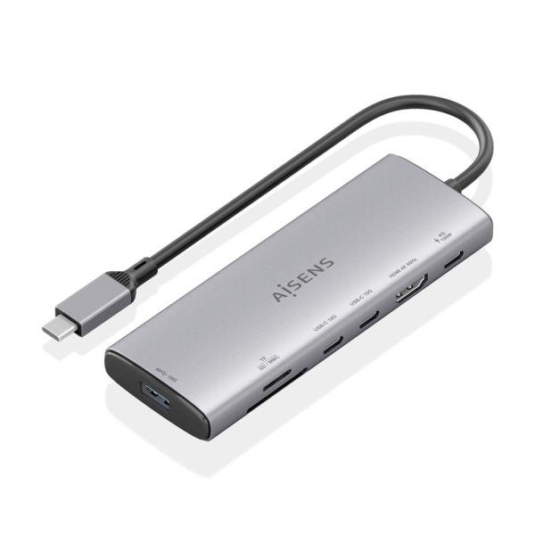 aisens usb c dock 7 en 1 usb c a 1xhdmi 1xusb a 10g 2xusb c 10g 1xsd 1xmicrosd 1xusb c pd 100w 20cm color gris