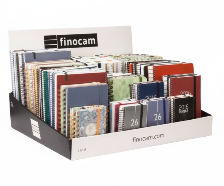 finocam expositor grande con 100 agendas de espiral surtidas anual 2026 color surtidos