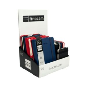 finocam minimal textura expositor con 12 agendas surtidas anual 2026 tapa dura cierre con goma elastica color surtidos