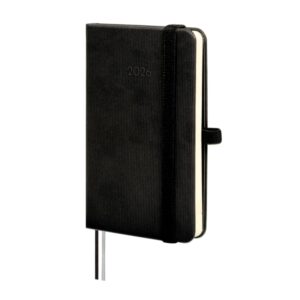 finocam minimal textura agenda anual 2026 tapa dura cierre con goma elastica formato m2 86x17x132mm semana vista horizontal color negro