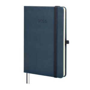 finocam minimal textura agenda en catalan anual 2026 tapa dura cierre con goma elastica formato m4 124x16x174mm semana vista horizontal color azul