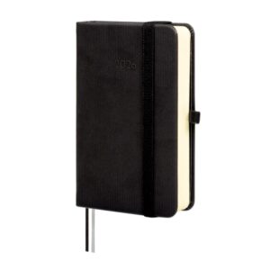 finocam minimal textura agenda anual 2026 tapa dura cierre con goma elastica formato m2 86x27x132mm 1 dia por pagina color negro