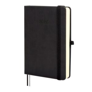 finocam minimal textura agenda en catalan anual 2026 tapa dura cierre con goma elastica formato m4 124x27x174mm 1 dia por pagina color negro