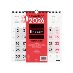 finocam calendario de pared anual 2026 300x5x310mm numeros grandes color blanco y rojo