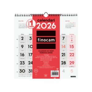 finocam calendario de pared en catalan anual 2026 300x5x310mm numeros grandes color blanco y rojo