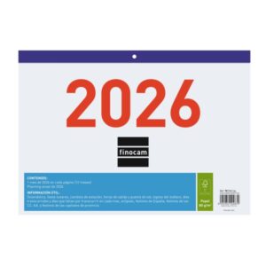 finocam calendario faldilla anual 2026 formato f93 300x3x210mm numeros grandes color blanco y azul