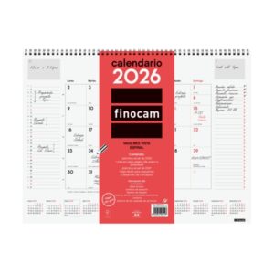 finocam vade calendario de sobremesa anual 2026 con espiral 420x8x320mm mes vista color blanco y rojo