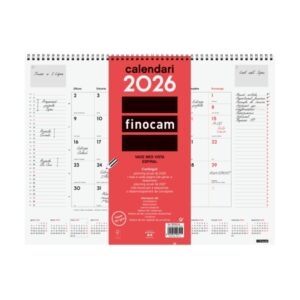 finocam vade calendario de sobremesa en catalan anual 2026 con espiral 420x8x320mm mes vista color blanco y rojo
