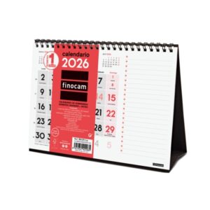finocam calendario de sobremesa anual 2026 espacio para notas 210x70x160mm numeros grandes color blanco y rojo