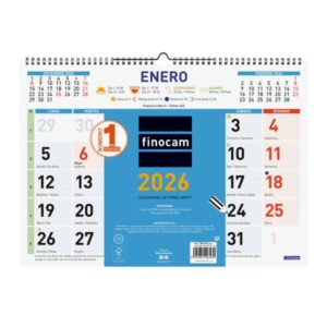 finocam calendario de pared anual 2026 espacio para escribir formato l 430x10x310mm numeros grandes color azul y blanco