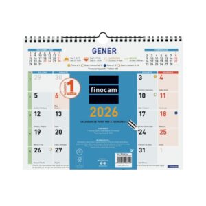 finocam calendario de pared en catalan anual 2026 formato m 300x10x255mm espacio para escribir color azul y blanco