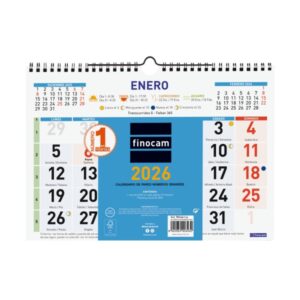 finocam calendario de pared anual 2026 formato m 300x10x220mm numeros grandes color azul y blanco