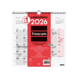finocam calendario de pared anual 2026 300x5x310mm espacio para escribir color blanco y rojo