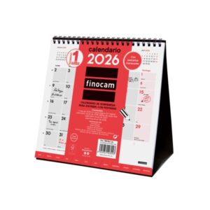 finocam calendario de sobremesa anual 2026 meses en solapa 190x70x205mm espacio para escribir color blanco y rojo