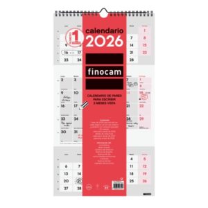 finocam calendario de pared anual 2026 espacio para escribir 236x8x440mm 3 meses vista color blanco y rojo