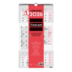 finocam calendario de pared en catalan anual 2026 espacio para escribir 236x8x440mm 3 meses vista color blanco y rojo