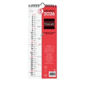 finocam calendario de pared anual 2026 formato largo m 130x5x335mm espacio para escribir color blanco y rojo