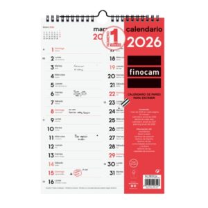 finocam calendario de pared anual 2026 espacio para escribir formato m 210x6x305mm dos columnas color blanco y rojo