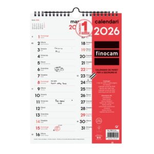 finocam calendario de pared en catalan anual 2026 espacio para escribir formato m 210x6x305mm dos columnas color blanco y rojo