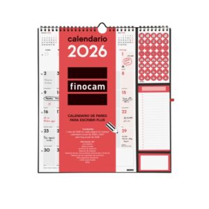 finocam calendario de pared anual 2026 anilla portaboligrafo 300x11x335mm espacio para escribir color blanco y rojo