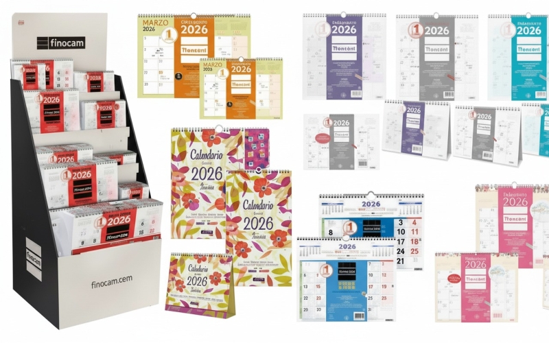 finocam expositor de pie con 163 calendarios neutros y trendy surtidos en catalan anual 2026 estructura de carton color surtidos