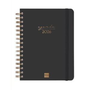 finocam alma agenda anual 2026 con espiral formato e10 180x30x220mm 1 dia por pagina color negro