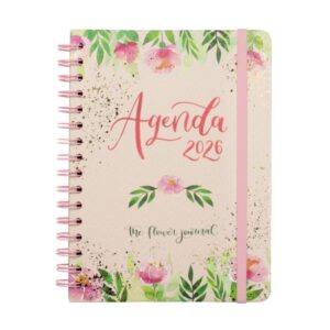 finocam flower journal agenda de espiral en catalan anual 2026 tapa dura cierre de goma formato e10 155x212mm semana vista horizontal color rosa