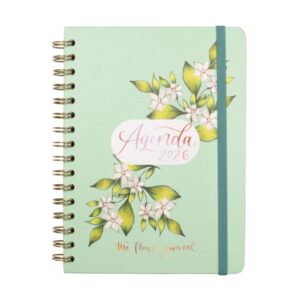 finocam flower journal agenda de espiral en catalan anual 2026 tapa dura cierre de goma formato e10 155x212mm semana vista horizontal color verde