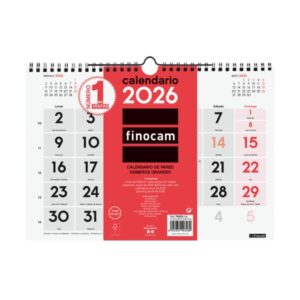 finocam calendario de pared anual 2026 formato m 300x5x220mm numeros grandes color blanco y rojo