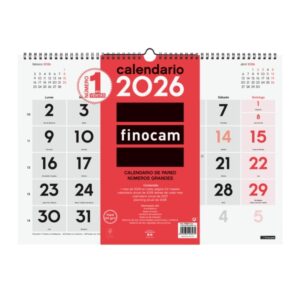 finocam calendario de pared anual 2026 430x5x320mm numeros grandes color blanco y rojo