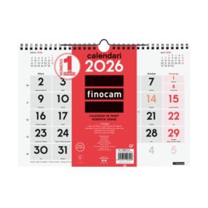 finocam calendario de pared en catalan anual 2026 formato m 300x5x220mm numeros grandes color blanco y rojo