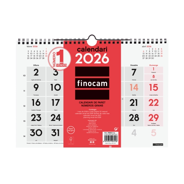 finocam calendario de pared en catalan anual 2026 formato m 300x5x220mm numeros grandes color blanco y rojo