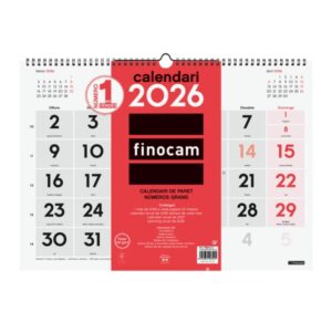 finocam calendario de pared en catalan anual 2026 430x5x320mm numeros grandes color blanco y rojo