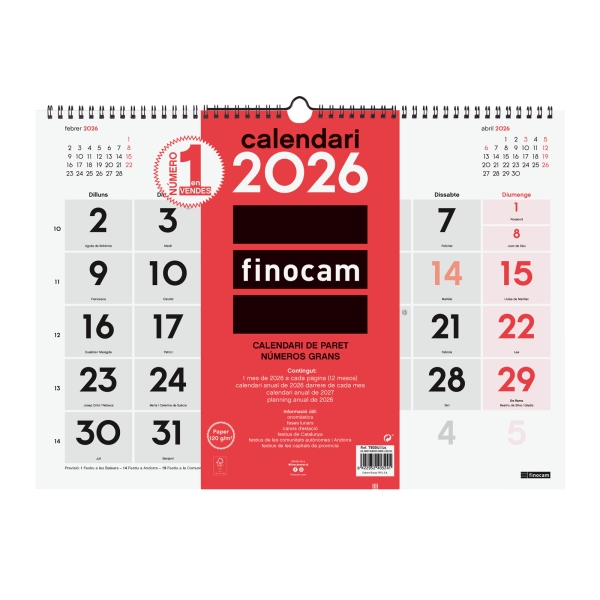 finocam calendario de pared en catalan anual 2026 430x5x320mm numeros grandes color blanco y rojo