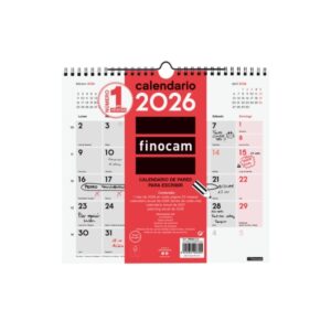 finocam calendario de pared anual 2026 formato m 265x5x255mm espacio para escribir color blanco y rojo