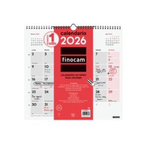 finocam calendario de pared anual 2026 340x5x330mm espacio para escribir color blanco y rojo
