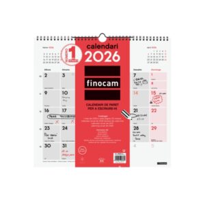 finocam calendario de pared en catalan anual 2026 340x5x330mm espacio para escribir color blanco y rojo